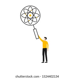 The sign of the atom. Flat cartoon character isolated on white background