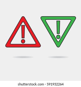 Sign of attention and approval mark with shadow. Red and green. Vector illustration.