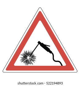 sign attention conducted welding, gently bright light protect your eyes, the electrode arc welding weld metal, red triangle, vector