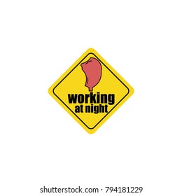 A sign of attention, danger. Exclamation point. Yellow rhombus, black text, black frame and head of a tired sleepy man after a night's work. Road sign. Funny car stickers. Vector illustration.