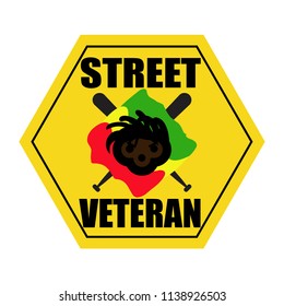 A sign of attention, danger. Yellow rhombus, Road sign. Inscription street veteran. Funny car stickers.   Rastafarian, driver with a beard, dreadlocks, in glasses. Reggae style. 