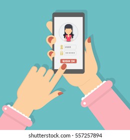 Sign in authorization. Hands hold smartphone and log in to the account. Application or website user. Woman icon.