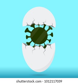 Sign of the bacteria in a broken shell from the egg. Flu conceptual vector illustration.