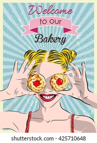 Sign in a bakery and the girl with cookies. Vector
