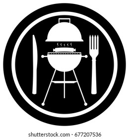 Sign barbecue grill with sausage and fork with knife. Silhouette on round black plate. logo and icon. Grilled hot dog meal sign. Sausage bbq icon. Menu emblem. Round sign. Vector illustration.