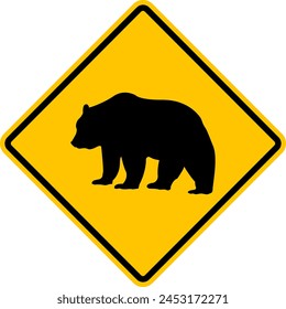 Oso de señas. Señal de advertencia sobre el cruce de un oso. Señal de camino de diamantes amarillos con un icono de oso en el interior. Riesgo de colisión. Naturaleza salvaje. Señal de tráfico de Rombo.