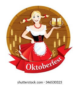 The sign to the beer festival Oktoberfest girl with beer mugs