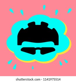 Sign a Bicycle helmet and glasses. Black icon in bubble on pink background .Vector