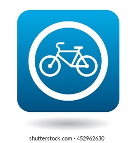 Sign bicycle path icon in simple style in blue square. Rules of the road symbol