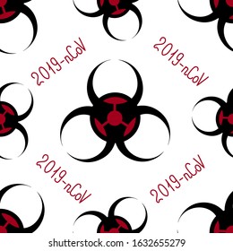Sign of biohazard. Endless pattern. Vector. Symbol on an isolated background. Hazard warning against an outbreak of coronavirus infection COVID-19. Idea for background, cover, wallpaper. 2019-ncov.