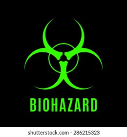 The sign of biological danger executed in acid green color on a black background.