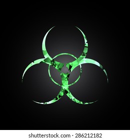 Sign of biological danger executed in the form of a crystal on a black background.
