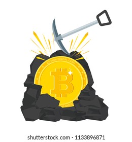 Sign of bitcoin. Farm for the production of crypto currency, mining. Virtual money. Flat vector cartoon illustration. Objects isolated on white background.