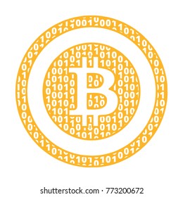 Sign of bitcoin filled with zeros and ones. Symbol of bitcoin isolated on white. Crypto currency icon. Block chain. Vector illustration.