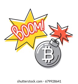 Sign Bitcoin inside a round black bomb with a burning wick. An explosion with an inscription Boom. Vector illustration.