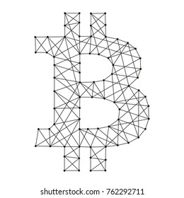 sign bitcoin from polygonal black lines and dots of vector illustration