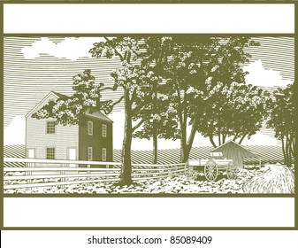 A sign blank with a woodcut style illustration of a shaker village with a wagon in the background. svg