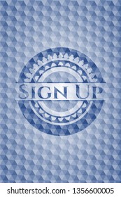 Sign Up blue badge with geometric pattern background.