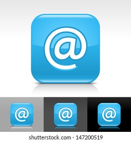 At sign blue glossy icon. Rounded square web internet button with white pictogram with shadow and reflection on white, gray, and black backgrounds. Vector illustration design element save in 8 eps 