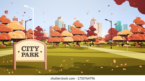 sign board in autumn city park skyline with yellow leaves falling in sunlight skyskraper buildings cityscape background horizontal vector illustration