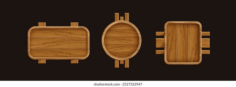 Sign board with brown wood texture. Realistic 3d vector illustration set of wooden rectangle, circle and square frame. Rustic signboard plank for title and text box. Timber billboard plaque.