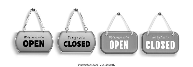 Sign board collection with open and closed messages - metallic plates hanging with chrome chain and rope. Business door hangers set for shops, restaurants or retail stores in silver color and texture.