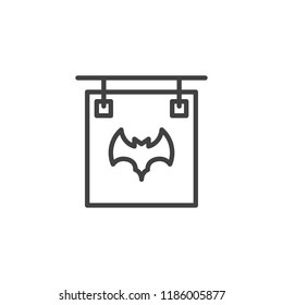 Sign board with Halloween bat outline icon. linear style sign for mobile concept and web design. Happy Halloween simple line vector icon. Symbol, logo illustration. Pixel perfect vector graphics