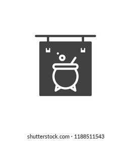 Sign board with Halloween cauldron vector icon. filled flat sign for mobile concept and web design. simple solid icon. Symbol, logo illustration. Pixel perfect vector graphics