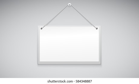 Sign board hanging on the white wall. Vector illustration. Sign with place for your information for shop or add.