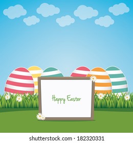 sign board happy easter colorful eggs lawn landscape