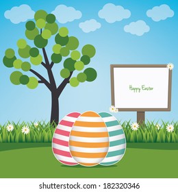 sign board happy easter colorful eggs spring landscape