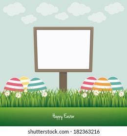 sign board happy easter colorful eggs daisy meadow
