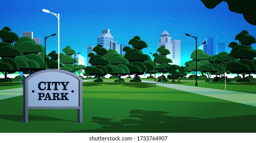 sign board innight city park skyline skyskraper buildings and dark sky with stars cityscape background horizontal vector illustration