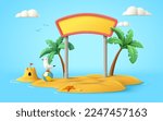 Sign board on beach with sand castle and seagull in cute 3d cartoon illustration