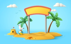 Sign Board On Beach With Sand Castle And Seagull In Cute 3d Cartoon Illustration