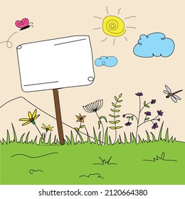 Sign board on grassland surrounded with plants, butterfly, clouds and sun. Line drawing illustration