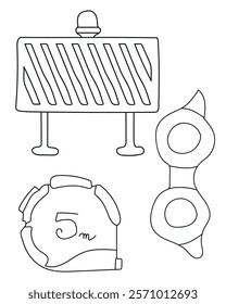 Sign Board, Tape, Safety Goggles common tools in a construction vector set include a saw, ideal for cutting wood, metal, a drill, which creates holes in various materials. clean, modern vector style.