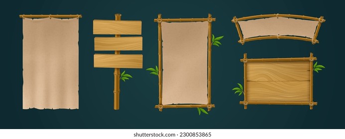 Sign boards from bamboo frames, wooden planks and paper. Game menu banners of wood signboards with hanging blank papyrus and panels on post, vector cartoon set - Shutterstock ID 2300853865