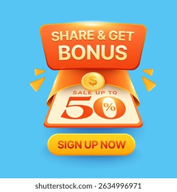 Sign up with bonus with 3d coupon inside an enveloped, bonus badge, isolated on background. Gift voucher for new member