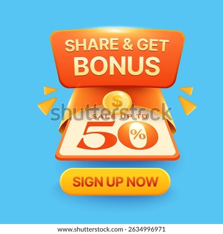 Sign up with bonus with 3d coupon inside an enveloped, bonus badge, isolated on background. Gift voucher for new member