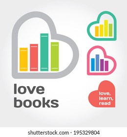 Sign with books and hearts about love to read. Modern flat vector illustration with place for text. Layered file