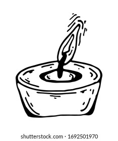 Sign of a burning candle with a black outline, vector isolated illustration on a white background, doodle style,  medical design of logos. Print. Line art. Outline illustration. Romantic candle.