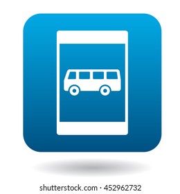 Sign bus stop icon in simple style in blue square. Rules of the road symbol