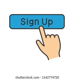 Sign up button click color icon. New user registration. Membership. Hand pressing button. Isolated vector illustration
