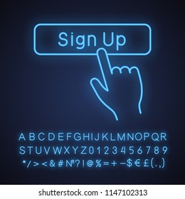 Sign up button click neon light icon. New user registration. Membership. Hand pressing button. Glowing sign with alphabet, numbers and symbols. Vector isolated illustration