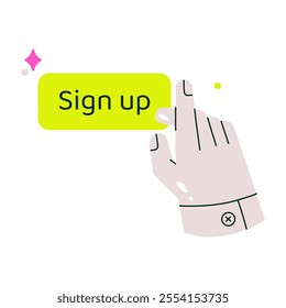 Sign Up Button With Hand Gesture In Flat Vector Illustration Symbolizing User Registration, Online Services, And Digital Interaction, Isolated On White Background