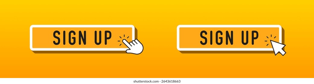 Sign up buttons with hand and mouse cursor clicking icons on yellow gradient background, flat vector design for web or app interface elements.