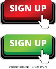 Sign up buttons in red and green with white text and finger icons