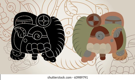 Sign from a calendar of the Maya, a contour, a cliche and a color variant