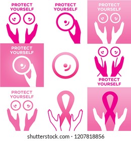 Sign call "protect yourself", calling to examine the breast for cancer. Linear drawing ribbon pink, hands, chest.